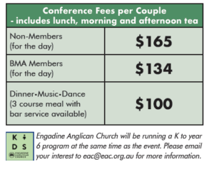 This image is a table of Conference Fees per couple for the Better Marriages Australia 2023 Conference